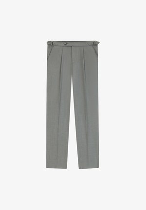 Light gray tailored trousers with a textured finish, featuring pleats, belt loops, and a button closure at the waist.