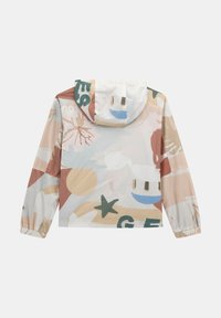 Lättviktsjacka med huva som har ett flerfärgat abstrakt mönster med former i rosa, beige, grönt och blått. Elastiska muddar och fåll.