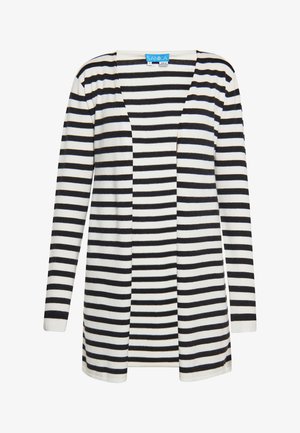 Ilgās piedurknes kardigāns mīkstā audumā ar horizontālām melnbaltām svītrām, ar atvērtu priekšu un brīvu piegriezumu.