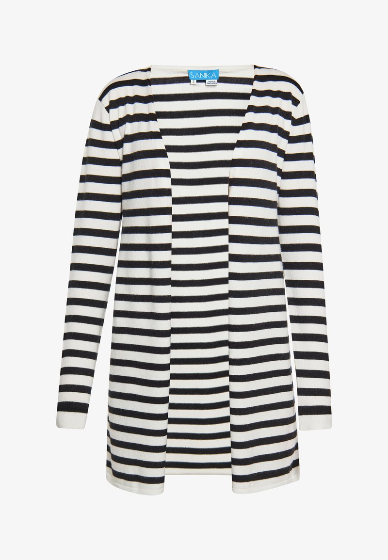 Langarm-Cardigan aus weichem Material mit horizontalen schwarz-weißen Streifen, offenem Vorderteil und lässiger Passform.