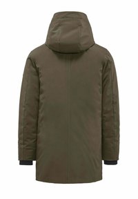 Parka impermeabile verde oliva con cappuccio, maniche lunghe e polsini neri a contrasto. Tessuto morbido e design minimalista, senza hardware visibile.