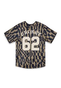 Jersey de manga corta con patrón de camuflaje en beige y azul marino con letras en bloque blancas. Presenta "CRIMEY" y el número "62" en la parte posterior.