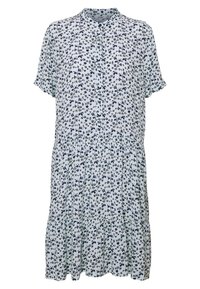 Blumengemustertes Kleid in Hellblau mit marineblauen Blumen, kurzen Ärmeln, Knopfverschluss und gestuftem Rockdesign. Leichtes Stoffgefühl.