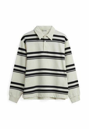 Striped long-sleeve polo shirt in light green, featuring horizontal black stripes, a collar, and button placket, made of smooth fabric.