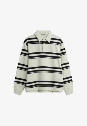 Polo a maniche lunghe a righe in verde chiaro, con strisce orizzontali nere, colletto e abbottonatura, realizzato in tessuto liscio.