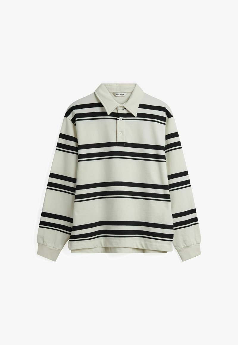 Polo à manches longues rayé en vert clair, avec des rayures horizontales noires, un col et une patte de boutonnage, en tissu lisse.