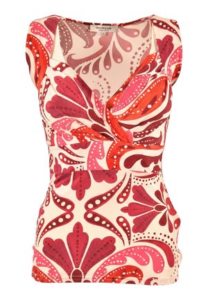 Haut sans manches à enfiler avec col en V, présentant un motif floral abstrait et ponctué en rouge, rose et blanc. Étiquette de taille "S" visible sur le col.