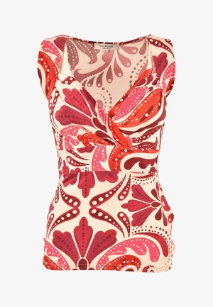 Haut sans manches à enfiler avec col en V, présentant un motif floral abstrait et ponctué en rouge, rose et blanc. Étiquette de taille "S" visible sur le col.