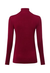 Burgundowy sweter z golfem, długimi rękawami, prążkowanym dekoltem i mankietami, gładką fakturą, dopasowanym krojem i lekko zwężanym dołem.