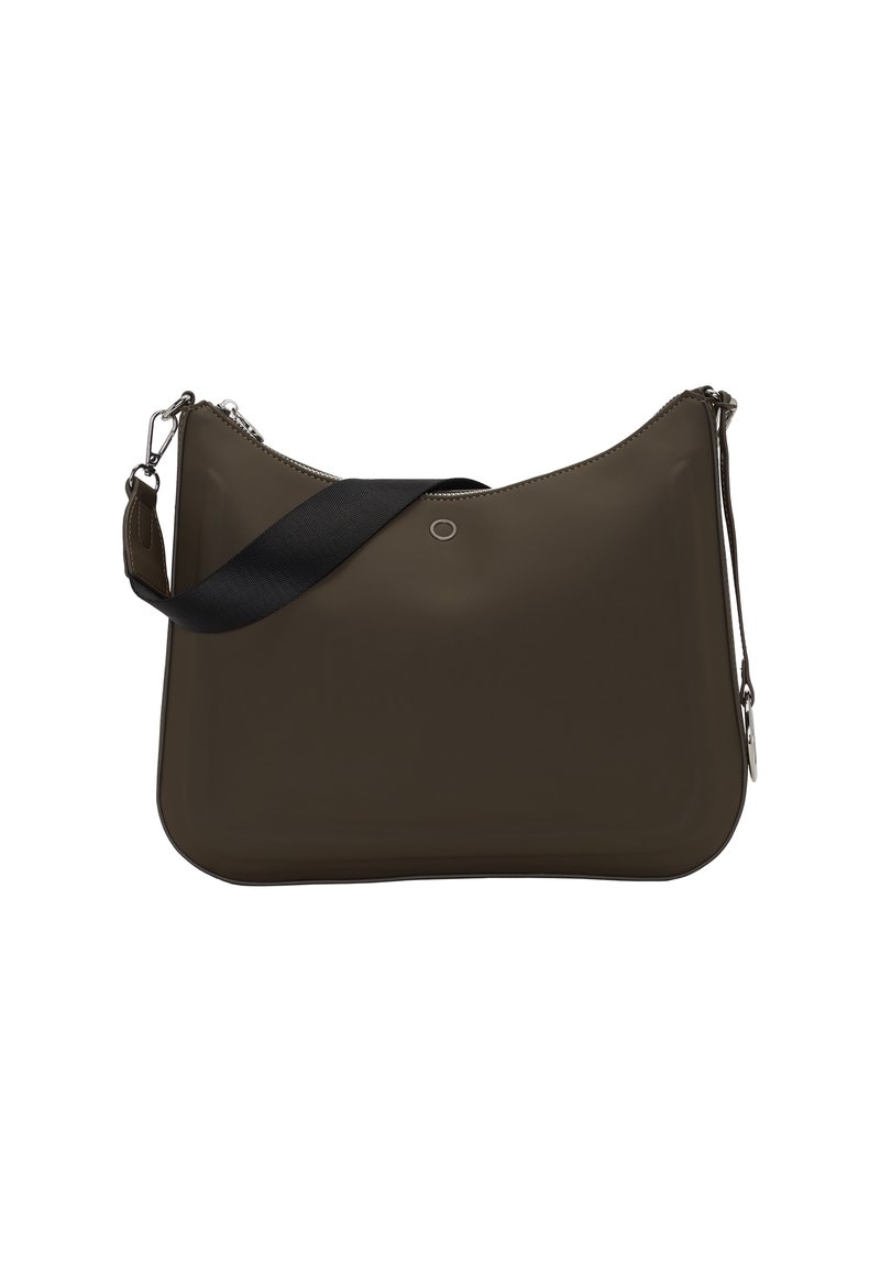 Borsa a spalla sintetica di un verde oliva lucido, dalla forma curva, con tracolla nera regolabile e dettaglio della cerniera in tono argento.