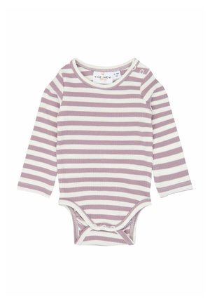 Langærmet babybodysuit med lyserøde og hvide vandrette striber, rund halsudskæring og trykknapper på skulder og skridt for nem påklædning.