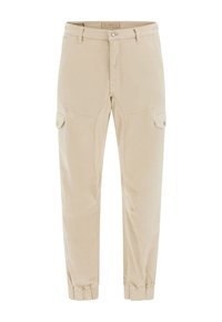 Pantalones cargo beiges con corte slim, que cuentan con cremallera, bolsillos delanteros, bolsillos laterales y puños elásticos. Fabricados en tejido ligero.