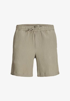 Beige geribde shorts met een elastische tailleband en trekkoord. Heeft zijzakken en een ontspannen pasvorm, gemaakt van een gestructureerde stof.