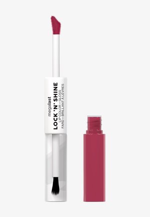 Produit pour les lèvres double face avec un applicateur gloss blanc "Lock 'N' Shine" et un côté couleur rose foncé avec un bouchon ouvert.