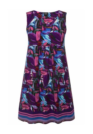 Abito senza maniche con un vivace motivo floreale in viola, blu e rosa, dotato di vita arricciata e orlo a righe orizzontali.