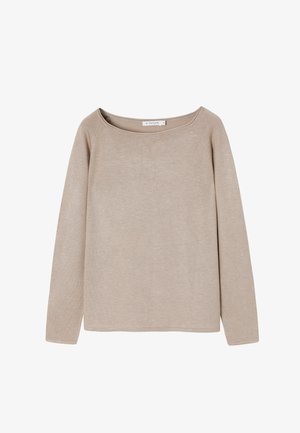 Beige lange mouwen trui gemaakt van breiwerk, met een wijde halslijn en rechte snit met geribbelde manchetten en zoom.