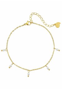 Złota bransoletka z małymi białymi perłami i złotymi akcentami. Posiada zapięcie typu lobster oraz łańcuszek przedłużający do regulacji rozmiaru.