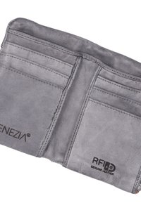 Gray RFID-blocking genuine leather wallet with multiple card slots and stitched detailing. Features a soft texture and minimalist design.