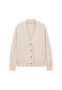Cardigan beige en matière douce, avec un col en V profond, six boutons ronds, et des poignets et ourlet côtelés. Design simple, sans motifs.