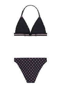 Musta kolmion muotoinen bikinitoppi vaaleanpunaisilla kuvioiduilla yksityiskohdilla ja turvallisella keskihaka; vastaava bikiniton, jossa on sama kuvio.