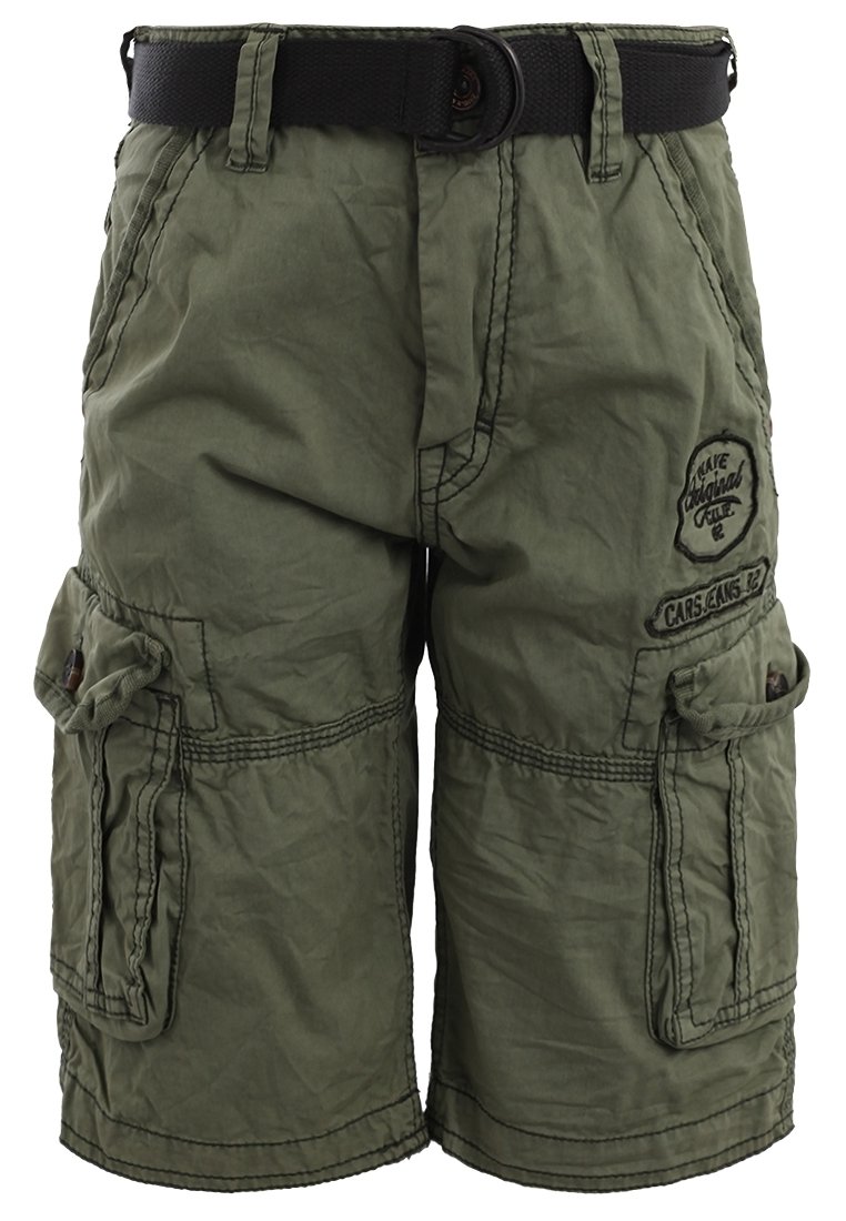 Pantaloni cargo di colore verde oliva realizzati in un tessuto leggero e strutturato, con più tasche laterali e una cintura nera. Dettaglio logo ricamato.