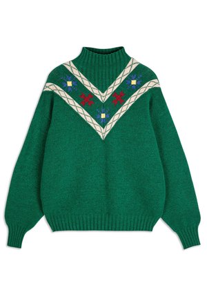 Pull en tricot vert avec un col haut à côtes. Présente un motif en forme de V en crème, orné de motifs floraux rouges, bleus et jaunes.