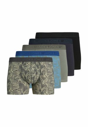 Five pairs of boxer shorts, featuring varied colors and patterns: one with a swirling design, the rest in solid shades. Elastic waistbands.