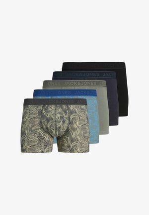 Vijf paar boxershorts met verschillende kleuren en patronen: één met een spiraalvormig ontwerp, de rest in effen tinten. Elastische taillebanden.