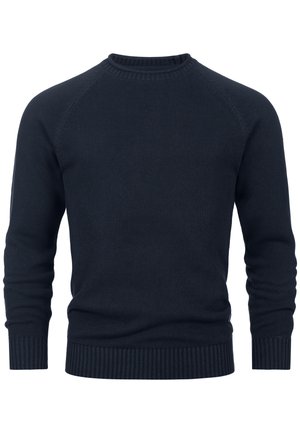 Suéter de punto azul marino con cuello redondo, puños y bajo acanalados. Presenta líneas limpias y una textura suave en toda su superficie.