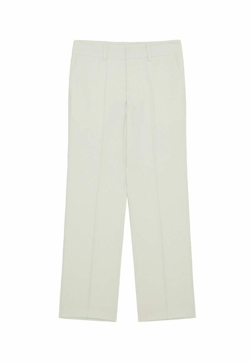 Lichtbeige op maat gemaakte broek met rechte pijpen, twee frontzakken en een soepele, lichte stof. Inclusief riemlussen en persplooien.