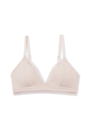 Helle rosa Baumwoll-BH mit dreieckigen Cups, Spitzenverzierung entlang der Kanten, verstellbaren Trägern und einer weichen Textur. Ohne bügel oder Polsterung.