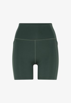 Dunkelgrüne, hoch taillierte Sportshorts mit flachen Nähten und glattem, dehnbarem Stoff, der für sportliche Aktivitäten entwickelt wurde.