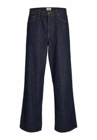 Jean denim bleu foncé à jambes larges avec fermeture éclair et boutons devant, poches avant et arrière, et détails de coutures visibles.