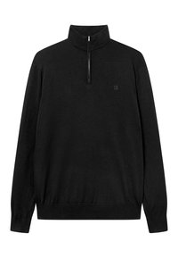 Fekete fleece pulóver negyed cipzáros gallérral, hosszú ujjú, bordázott mandzsettával és egy diszkrét logóval a mellkason. Puha tapintású és egyszínű.