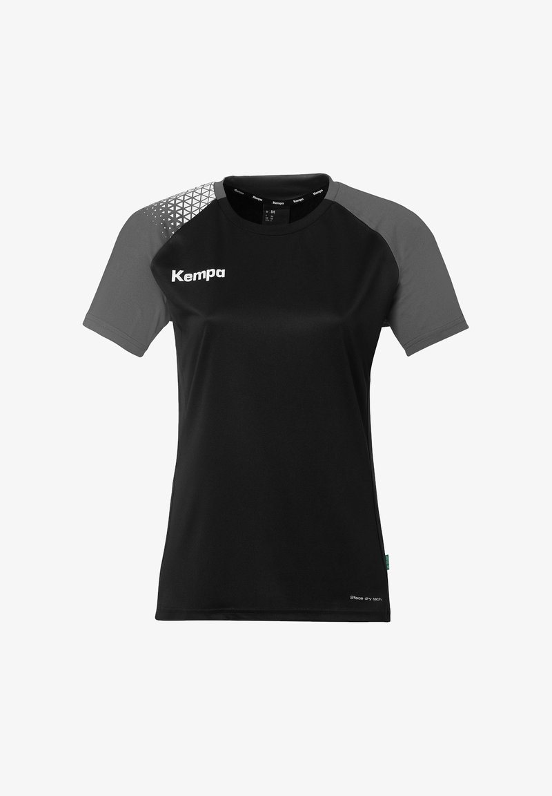 Maillot de sport noir à manches courtes, avec des accents gris et un motif géométrique sur les épaules. Fabriqué en matériau respirant.