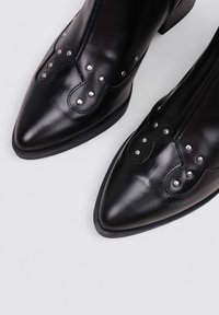 Botas de tobillo de cuero negro con punta afilada, con costuras decorativas y tachuelas plateadas en el diseño. Textura suave con un tacón bajo.
