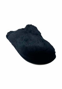 Zapatilla de felpa negra con una textura suave, forma redondeada, diseño de parte posterior abierta y suela ligera para mayor comodidad.