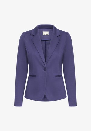 Lila női blézer, fémgombos, nyakán bemetszett gallérral, két elülső zsebbel, fehér háttér előtt bemutatva.