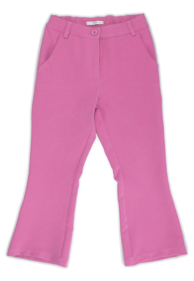 Pantaloni a zampa d'elefante rosa realizzati in tessuto satinato. Presentano una chiusura con bottone, passanti per la cintura e due tasche laterali per un uso pratico.