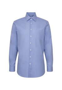 Chemise pour hommes à manches longues avec un micro-motif bleu et blanc, col à rabattre et boutons blancs.