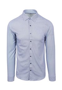 Lichtblauw shirt met lange mouwen, voorzien van een geometrisch patroon, knoopsluiting aan de voorkant en een button-down kraag. Glad materiaal met een subtiele glans.