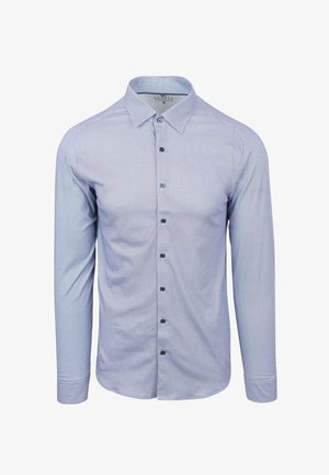 Lichtblauw shirt met lange mouwen, voorzien van een geometrisch patroon, knoopsluiting aan de voorkant en een button-down kraag. Glad materiaal met een subtiele glans.