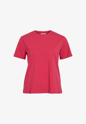 Krótki rękaw koszulki z żywej różowej bawełny, z klasycznym okrągłym dekoltem, gładką fakturą, bez widocznych wzorów czy akcentów.