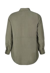 Olive green shirt, long sleeves, curved hem, button cuffs, smooth texture, collar design, plain back without patterns or accents.