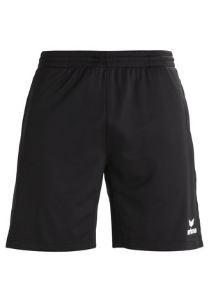 Black athletic shorts made of lightweight fabric, featuring an elastic waistband, side panel accents, and a small white logo on the lower front.
