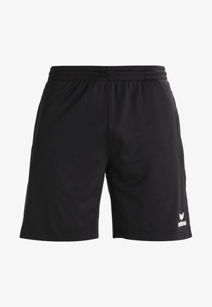Black athletic shorts made of lightweight fabric, featuring an elastic waistband, side panel accents, and a small white logo on the lower front.