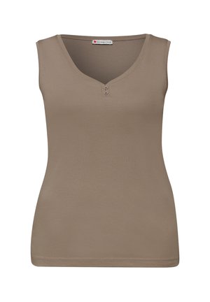 Ruskea, hihaton toppi V-pääntiellä ja kaksilla napilla kaula-aukossa. Valmistettu sileästä, joustavasta kankaasta, joka istuu hyvin.