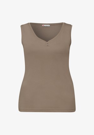 Bruine, mouwloze tanktop met een V-hals en twee knoopdetails bij de halslijn. Gemaakt van een soepele, rekbare stof met een aansluitende pasvorm.