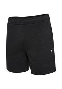 Schwarze elastische Sportshorts mit kleinem weißen Doppel-Chevron-Logo am rechten Oberschenkel, schlichtes Design, mittellange Oberschenkellänge.