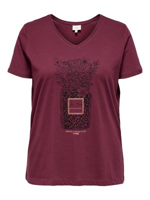 Bourgogne kortærmet T-shirt med V-hals, der har en sort blomstergrafik og et leopardmønster i et rektangulært design i midten.
